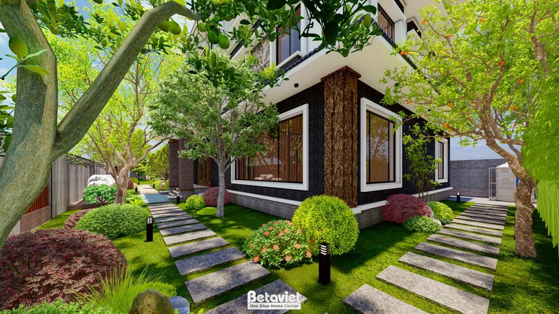 Biệt thự 1 tầng có sân vườn 250m² An Giang - cảnh quan formal đối xứng, hồ cảnh, đèn LED âm đất