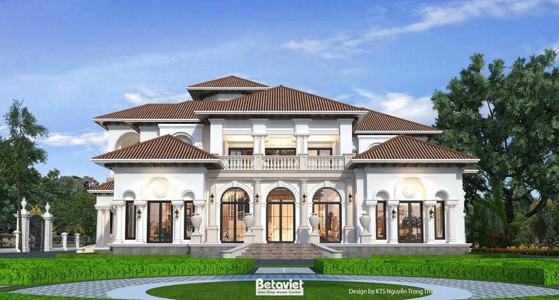 Biệt thự sân vườn đẹp 2 tầng Địa Trung Hải 660m² Ninh Bình - sân lát đá ấm, vườn lavender