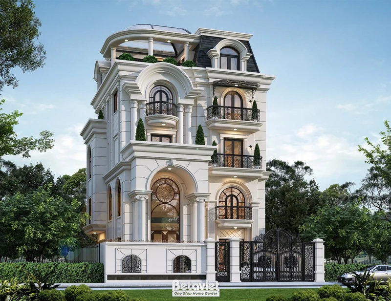 Mẫu biệt thự tân cổ điển 3 tầng đẹp 470m² Hà Nam - mặt tiền 3 khối đa cao độ, đá ốp travertine