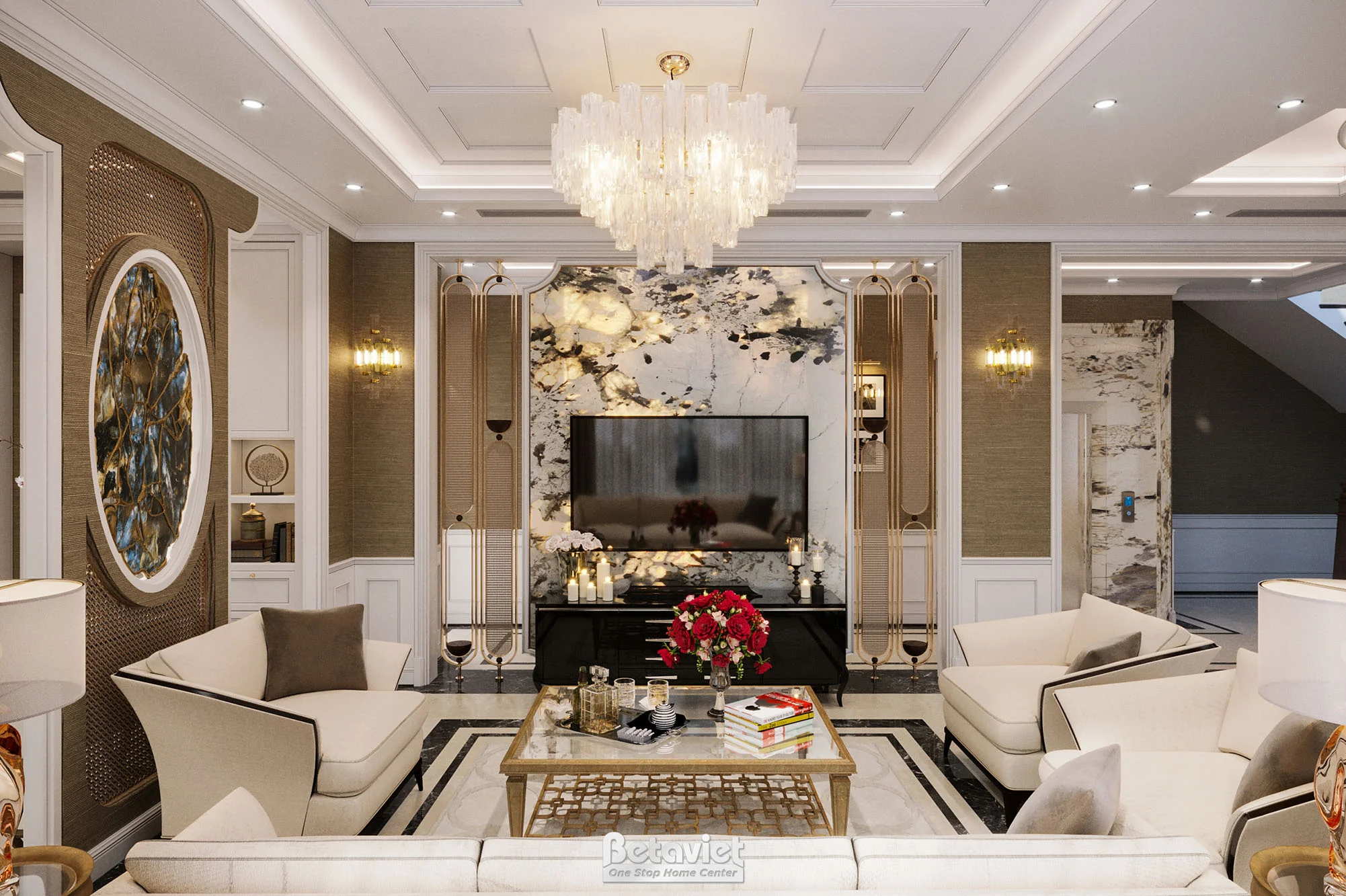 Nội thất phòng khách tân cổ điển KĐT Hoàng Huy Riverside