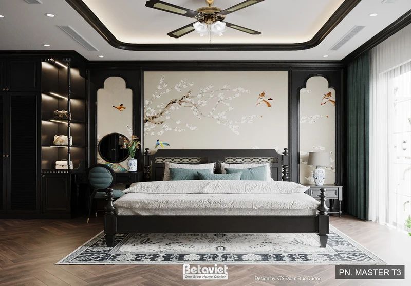 Sân vườn biệt thự Indochine cao cấp — hồ bơi đá xanh, vườn nhiệt đới, ánh hoàng hôn