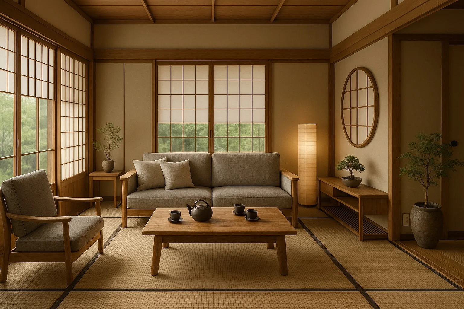 Phòng khách Zen với vật liệu tự nhiên