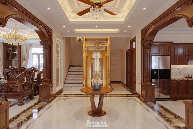 Đại sảnh biệt thự Hà Tĩnh — hành lang đối xứng, đường thẳng Art Deco