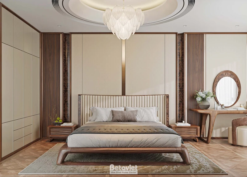 Phòng ngủ kiểu Hàn Quốc với gỗ sáng và palette be/trắng trong biệt thự luxury