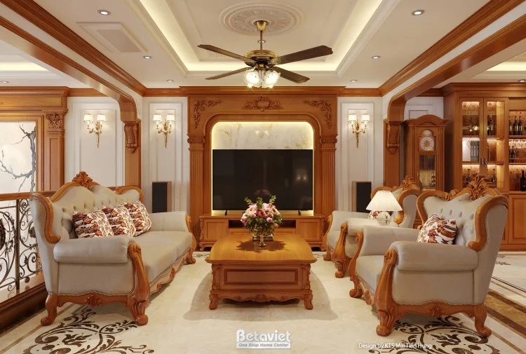 Mẫu thiết kế nội thất phòng khách bếp tân cổ điển