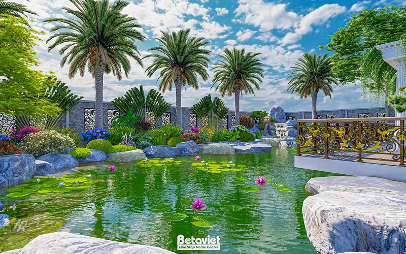 Sân vườn tropical biệt thự Bình Thuận 300m2