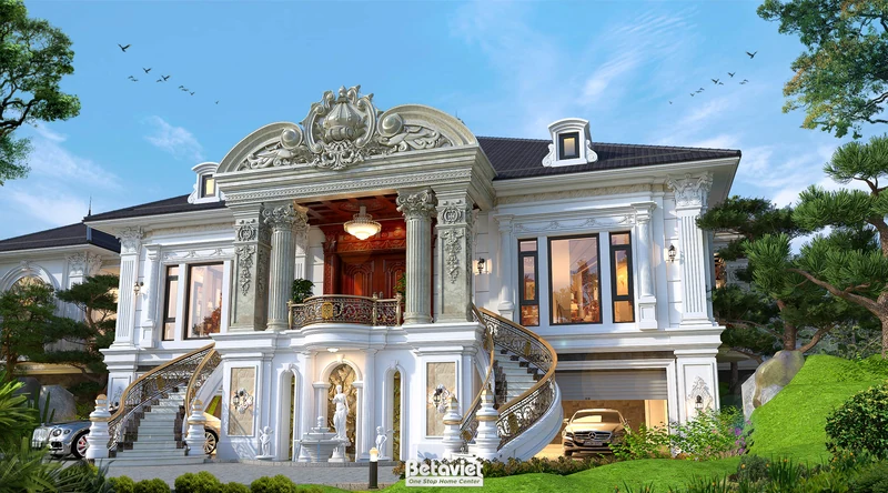 Nhà kiểu Pháp tân cổ điển 2 tầng 850m² Hải Phòng - mái Mansard nhẹ, cửa arched, ban công sắt