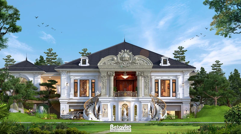 Biệt thự 2 tầng tân cổ điển kiểu Pháp 850m² Hải Phòng - mái Mansard xanh, cửa kính lá sách, cổng sắt