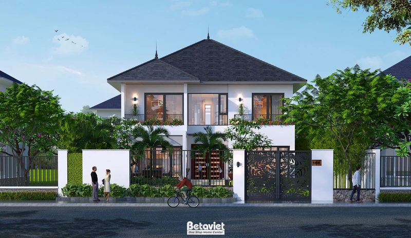Dự án biệt thự mái Nhật 2 tầng 320m² tại Bắc Giang — mái ngói phẳng xám, gỗ tự nhiên