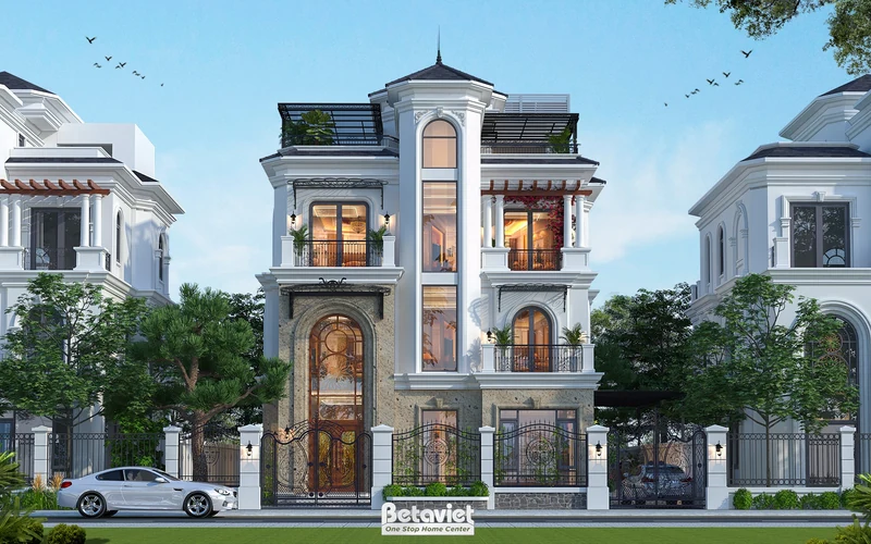 Nhà kiểu Pháp 3 tầng 782m² Vinhomes Ocean Park Hà Nội - mặt tiền đá kem, cột Ionic, ban công rèm