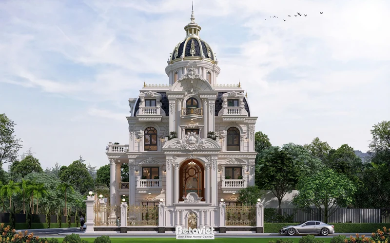 Biệt thự lâu đài tân cổ điển 4 tầng 850m² Hưng Yên - vòm mái tháp, tường ốp đá thô