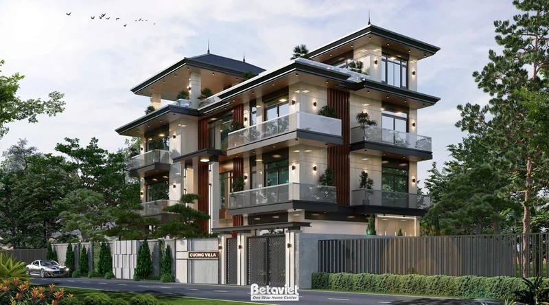 Biệt thự sân vườn hiện đại đẹp 840m² Thái Nguyên - vườn xanh, deck gỗ, đèn garden