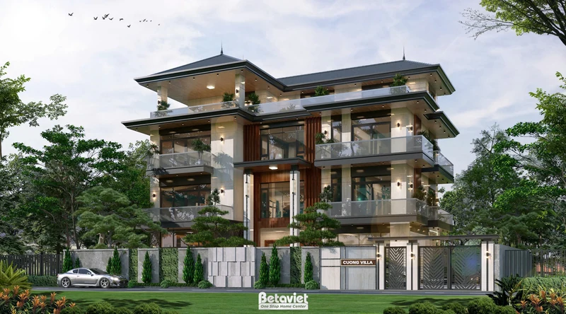 Cảnh quan sân vườn biệt thự 840m² Thái Nguyên - thảm cỏ rộng, hàng rào xanh, cổng sắt tự động