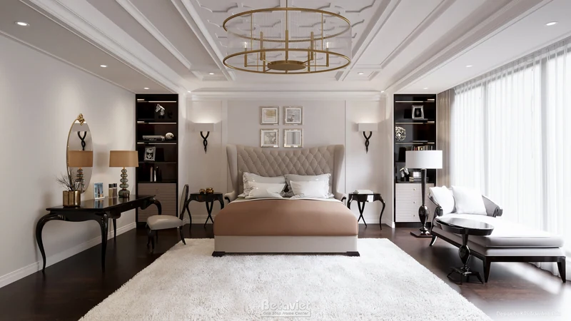 Phòng ngủ master tân cổ điển căn hộ Mỹ Đình Pearl Penthouse đầu giường bọc nhung sàn gỗ óc chó