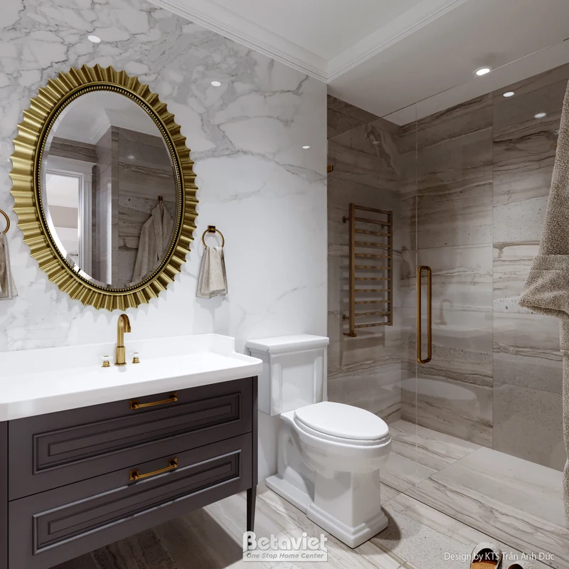 Phòng tắm penthouse tân cổ điển 750m² Hà Nội Mỹ Đình Pearl - bồn tắm freestanding sứ, sàn đá marble