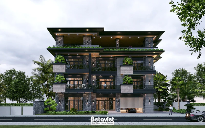 Cảnh quan sân vườn biệt thự nghỉ dưỡng 840m² Hòa Bình - vườn bản địa, cây lấy bóng, lối đi đá
