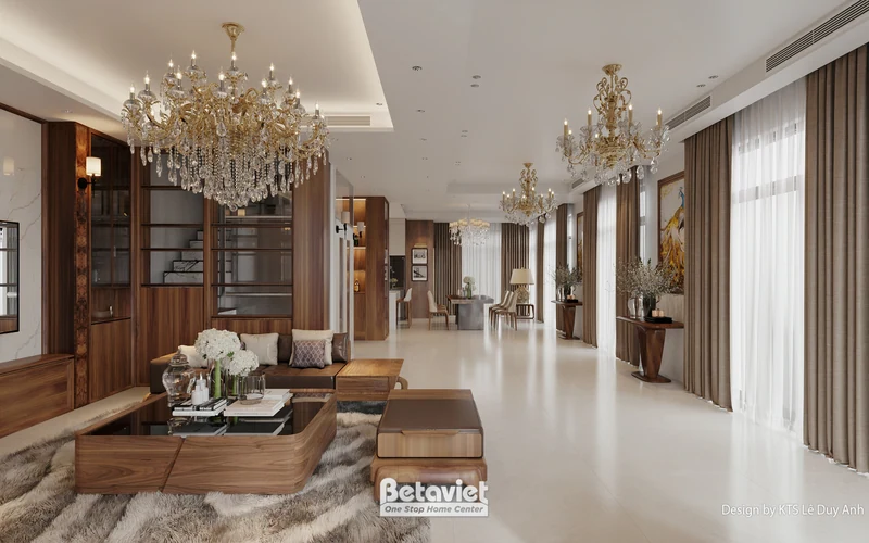 Phòng khách liền bếp biệt thự KĐT Nam An Khánh Hà Nội 450m²