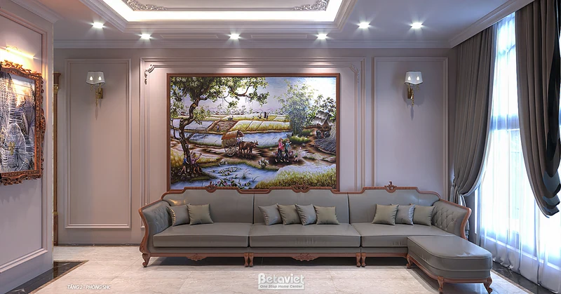 Phòng sinh hoạt chung biệt thự Vinhomes — rèm motorized, hệ thanh trần ẩn