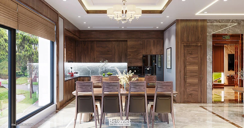 Tủ bếp gỗ tự nhiên biệt thự Vinhomes Star City Thanh Hóa 400m2 — gỗ óc chó veneer, đảo bếp mặt đá