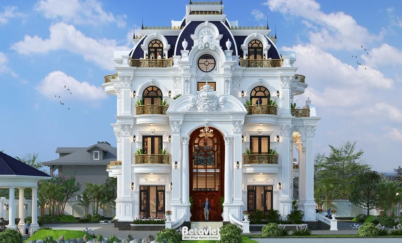 Biệt thự lâu đài 3 tầng tân cổ điển 591m² Bắc Ninh - mặt tiền tháp đôi, cổng tam quan, sân lát granite