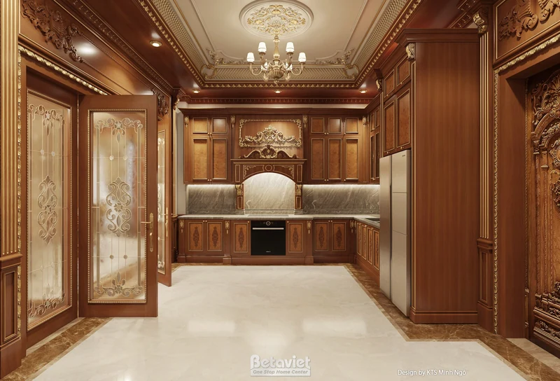 Phòng bếp tân cổ điển biệt thự 500m² Thái Bình — tủ phào chỉ cream — BETAVIET NT25814