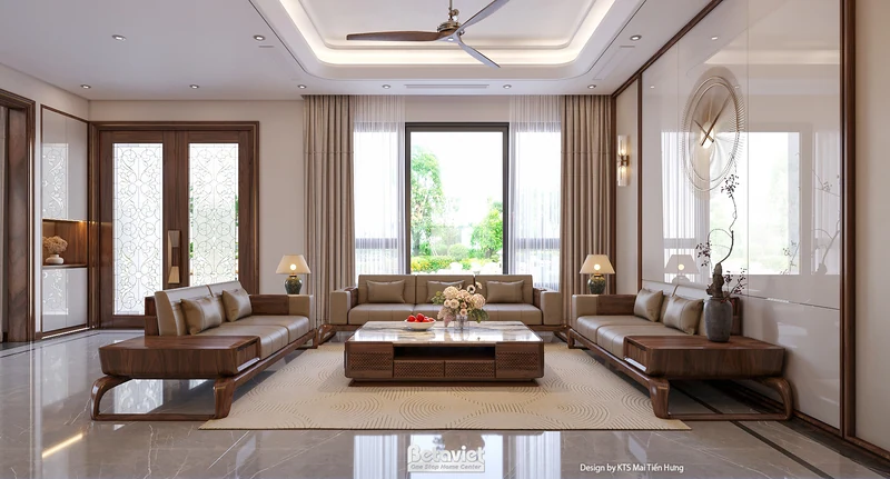 Phòng khách liền bếp biệt thự hiện đại gỗ Bắc Ninh 541m² — sofa sectional da Ý