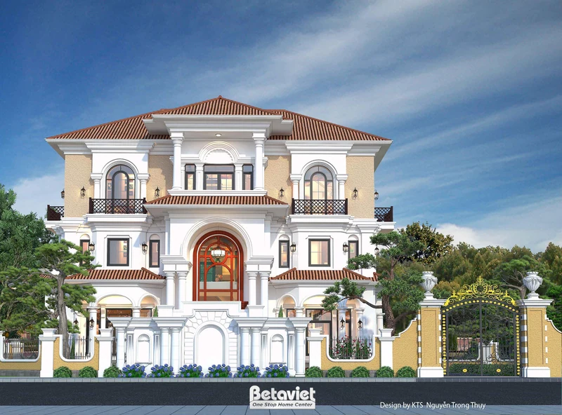 Biệt thự sân vườn đẹp 580m² Hà Nội - vườn kiểu Ý, cây bách xù, đèn cổ trang trí