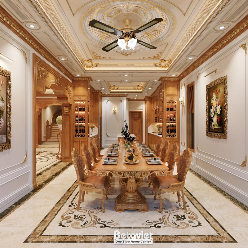 Tủ bếp gỗ tự nhiên tân cổ điển Phú Thọ 900m2 — gỗ solid kết hợp đảo bếp marble, tủ rượu cánh kính