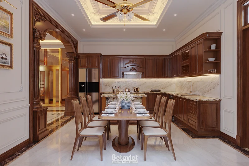 Bếp tân cổ điển gỗ biệt thự 535m² Hà Tĩnh — phào chỉ đơn giản kết hợp granite