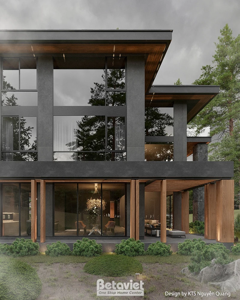 Chi tiết phòng khách Indochine — gỗ teak, rèm lụa và tranh sơn mài