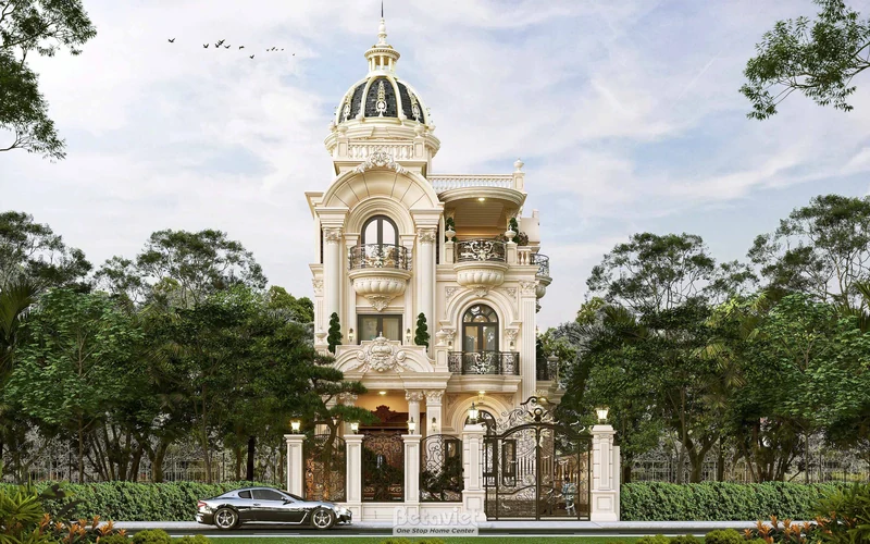 Biệt thự châu Âu lâu đài 3 tầng 450m² Hưng Yên - cột Corinthian, mái mansard, phào chỉ chi tiết