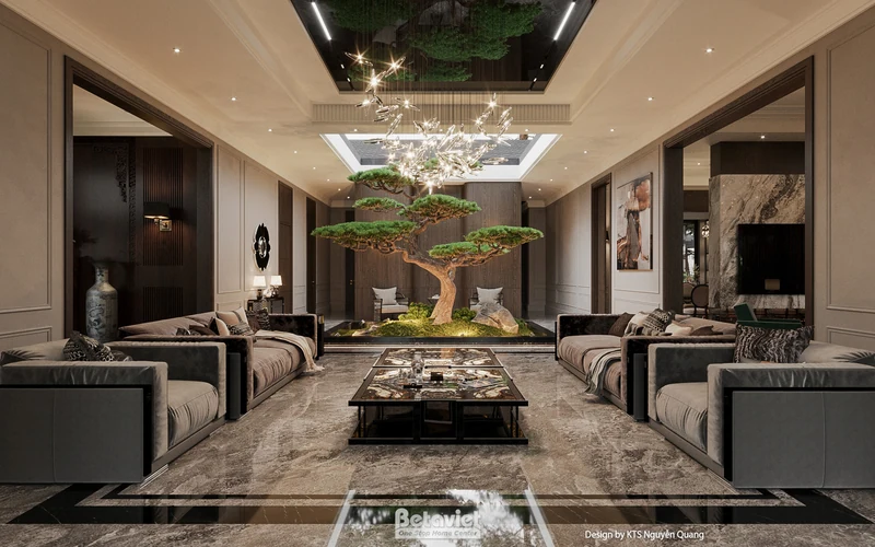 Biệt thự Industrial Luxury Nghệ An 500m² — tường bê tông kim loại đen