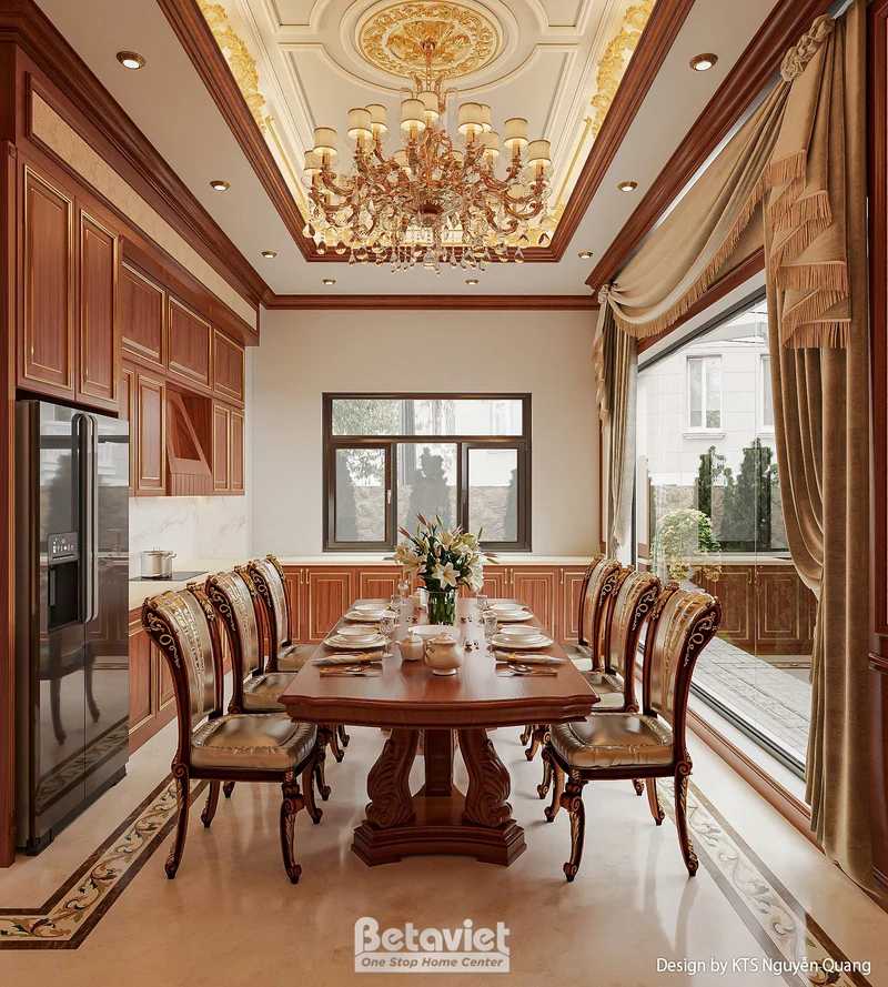 Dining room phân khu theo tier — không gian tầng thấp và lounge elevated