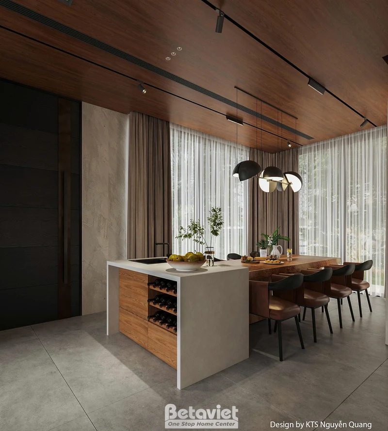 Bếp gỗ tự nhiên biệt thự 400m² Hải Phòng — phong cách warm modern