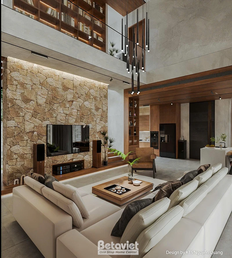Phòng khách liền bếp biệt thự gỗ Hải Phòng 400m² — warm Japandi