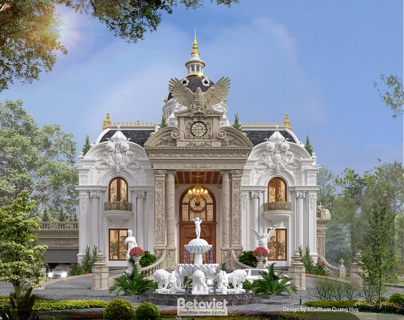 Biệt thự 3 tầng tân cổ điển 930m² Hà Nội - sân vườn phía trước, cổng sắt điêu khắc, hồ bơi sân sau