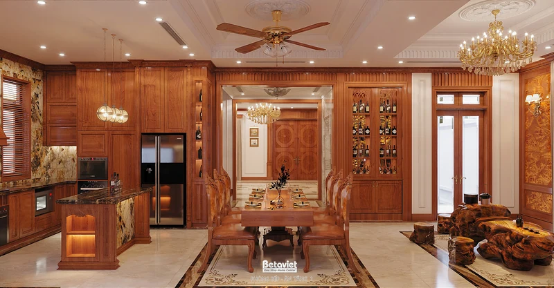 Phòng bếp tân cổ điển biệt thự 360m² Hà Nội — tủ phào chỉ tay vịn — BETAVIET NT2009134