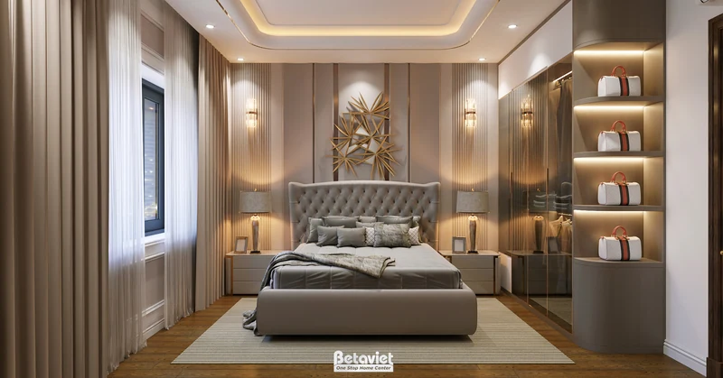 Phòng ngủ thiết kế nội thất cao cấp với vật liệu marble và chiếu sáng phân lớp chuẩn Deluxe