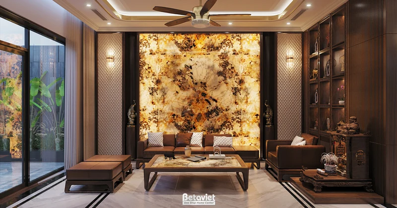 Phòng khách biệt thự gỗ óc chó Hà Nội NT2009042 — sofa statement và art wall