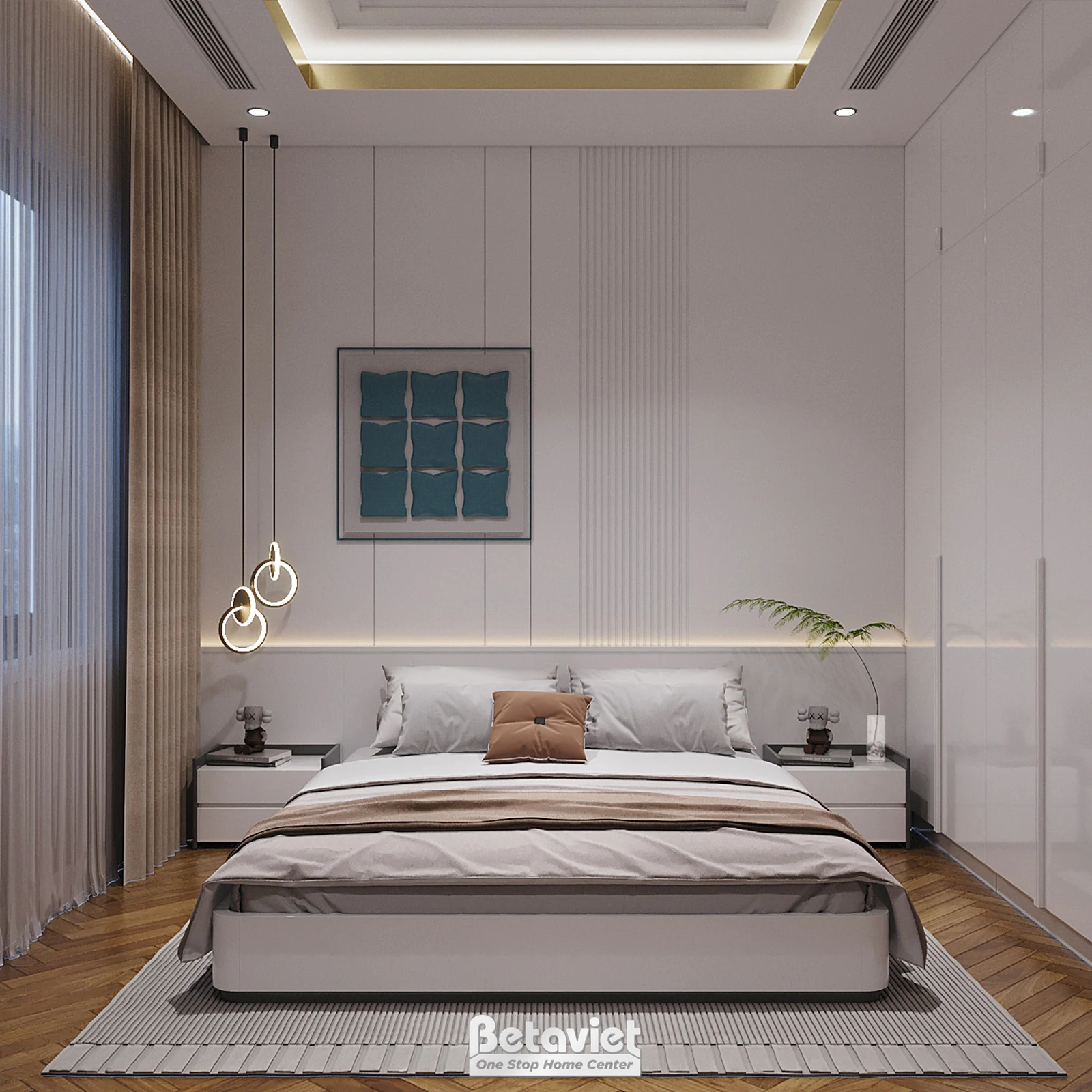 Phòng ngủ nhỏ luxury với hệ tủ built-in âm tường kịch trần và ánh sáng layered do BETAVIET thiết kế
