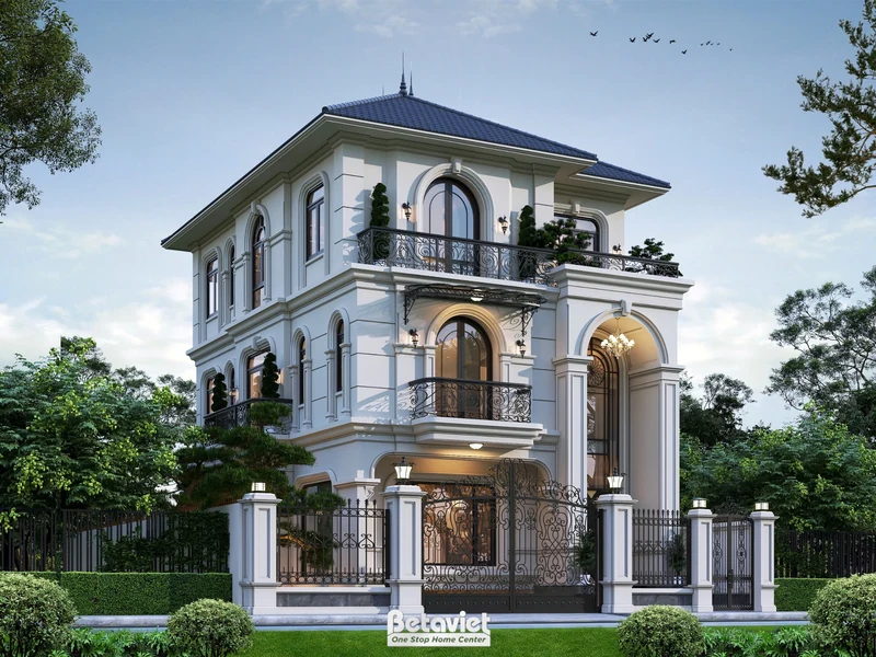 Mẫu biệt thự 3 tầng tân cổ điển 408m² Bắc Ninh - mặt tiền cân đối, cột Ionic, mái Thái giật cấp